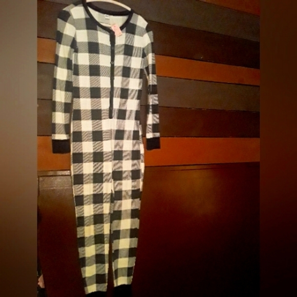 Old Navy Small Black And White Plaid Long Night Onsie - Picture 1 of 7